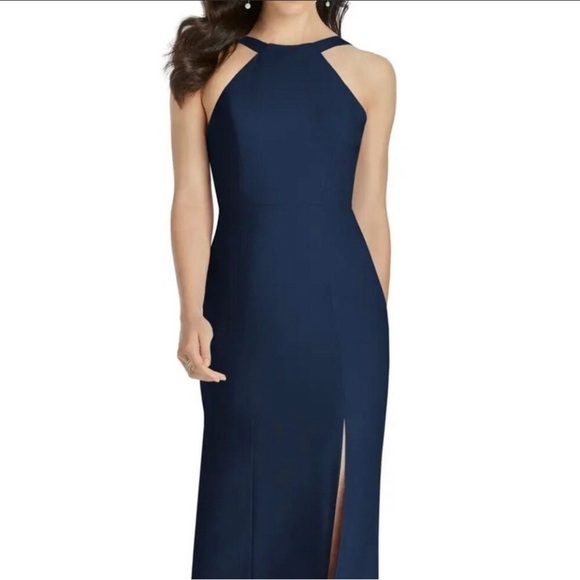 NWOT! Vivian Diamond Dessy Midnight Blue Cutaway Shoulder Column Gown - Size 0 - Picture 4 of 8